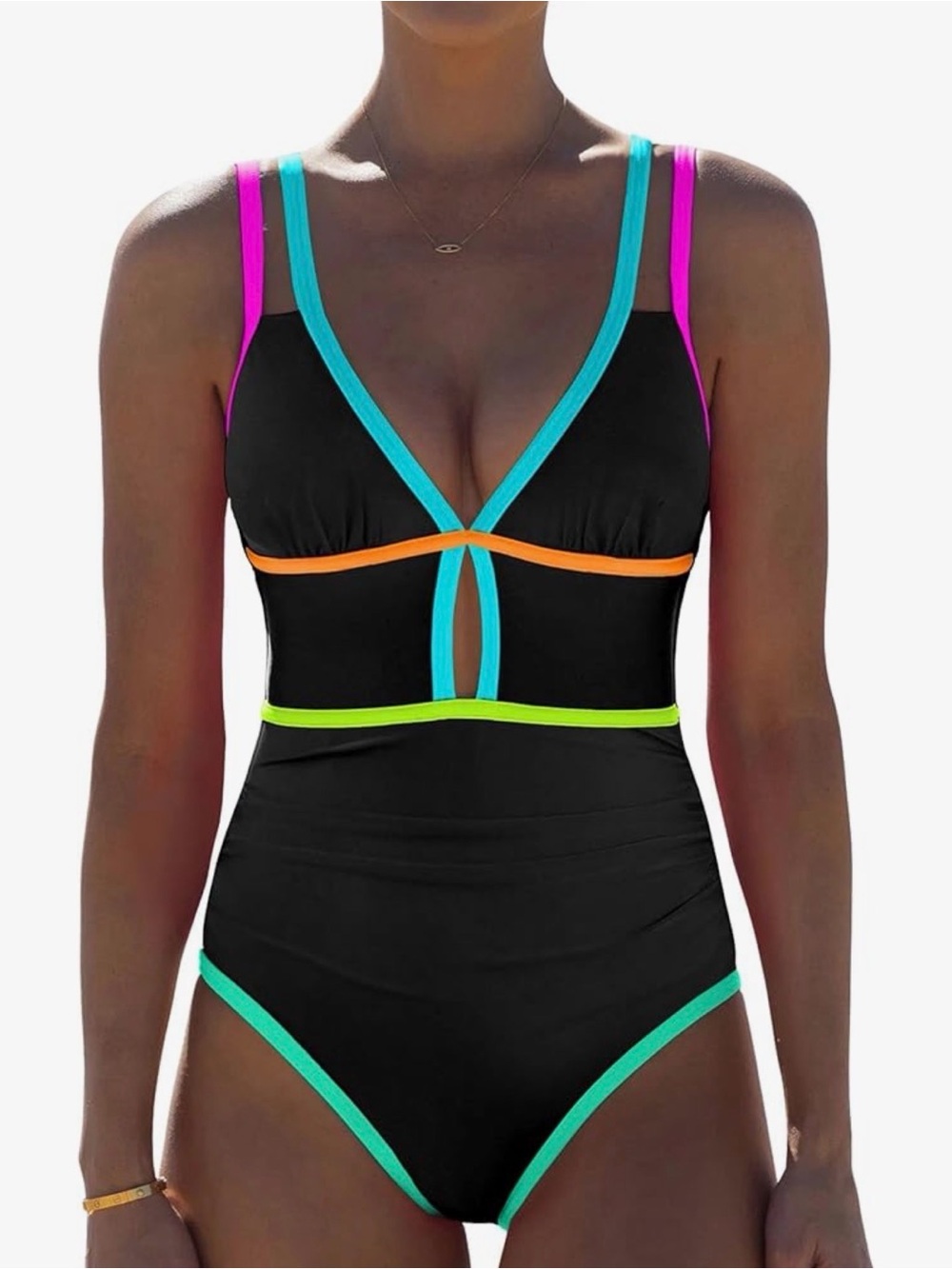 Popvil Black One-Piece Swimsuit with Neon Trim